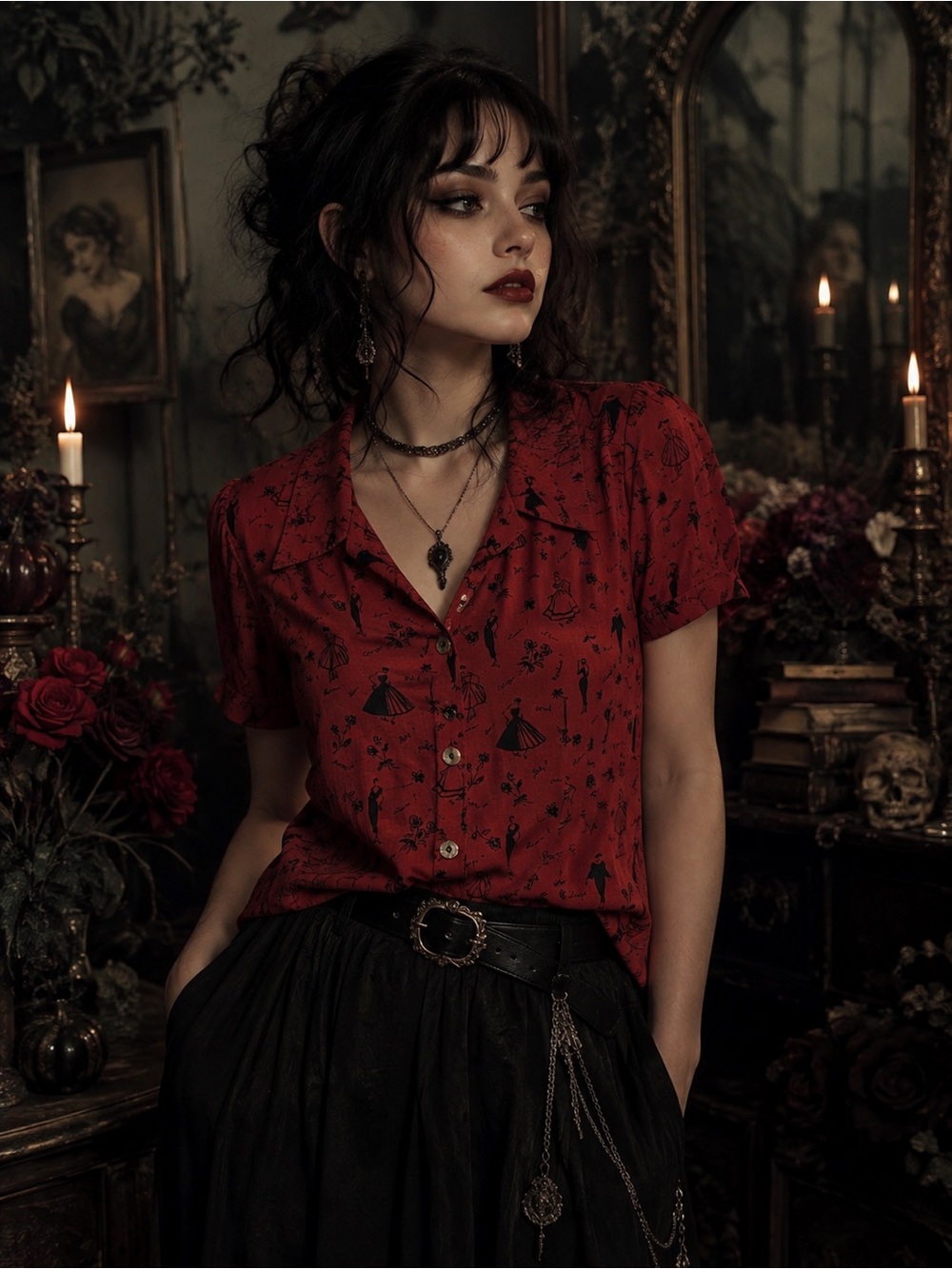 Annette Marie Juilly Red Button Front Blouse Vintage Whimsigoth Dark Romantic
